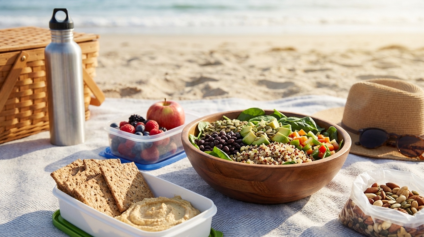 30 Day High Fiber Challenge Meal Plan - a weekly planner calendar surrounded by fresh produce