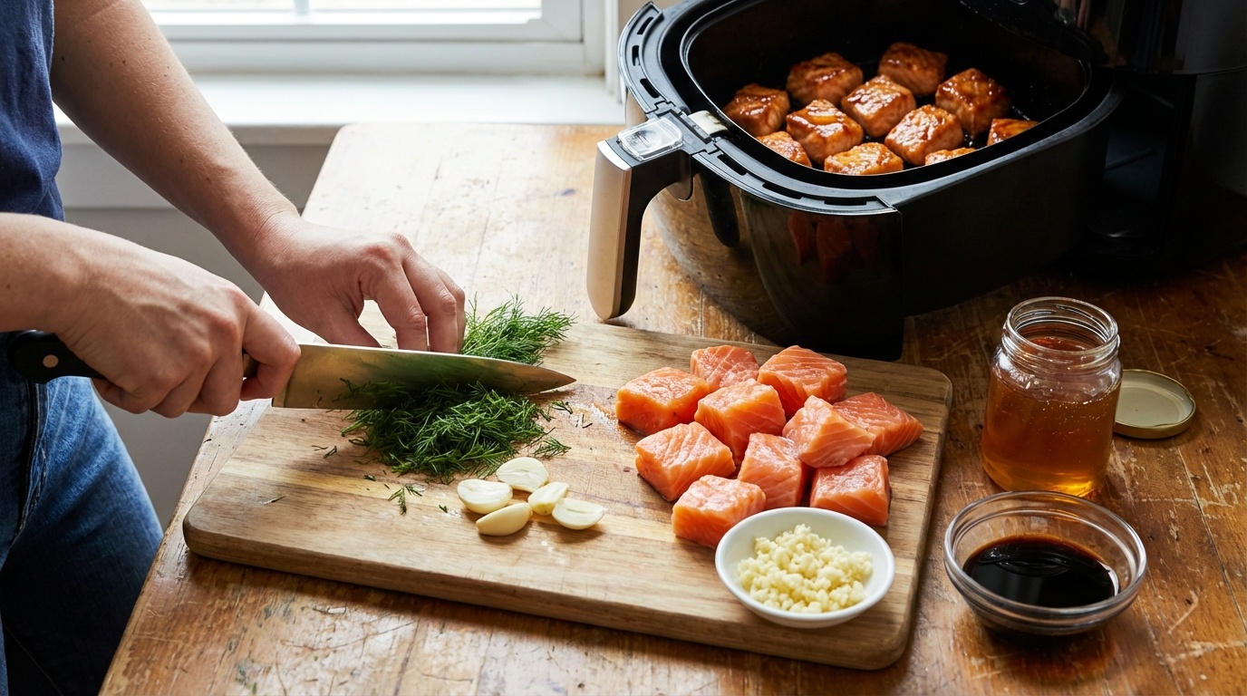 Sticky glazed air fryer salmon bites served over a bowl of rice with sesame seeds