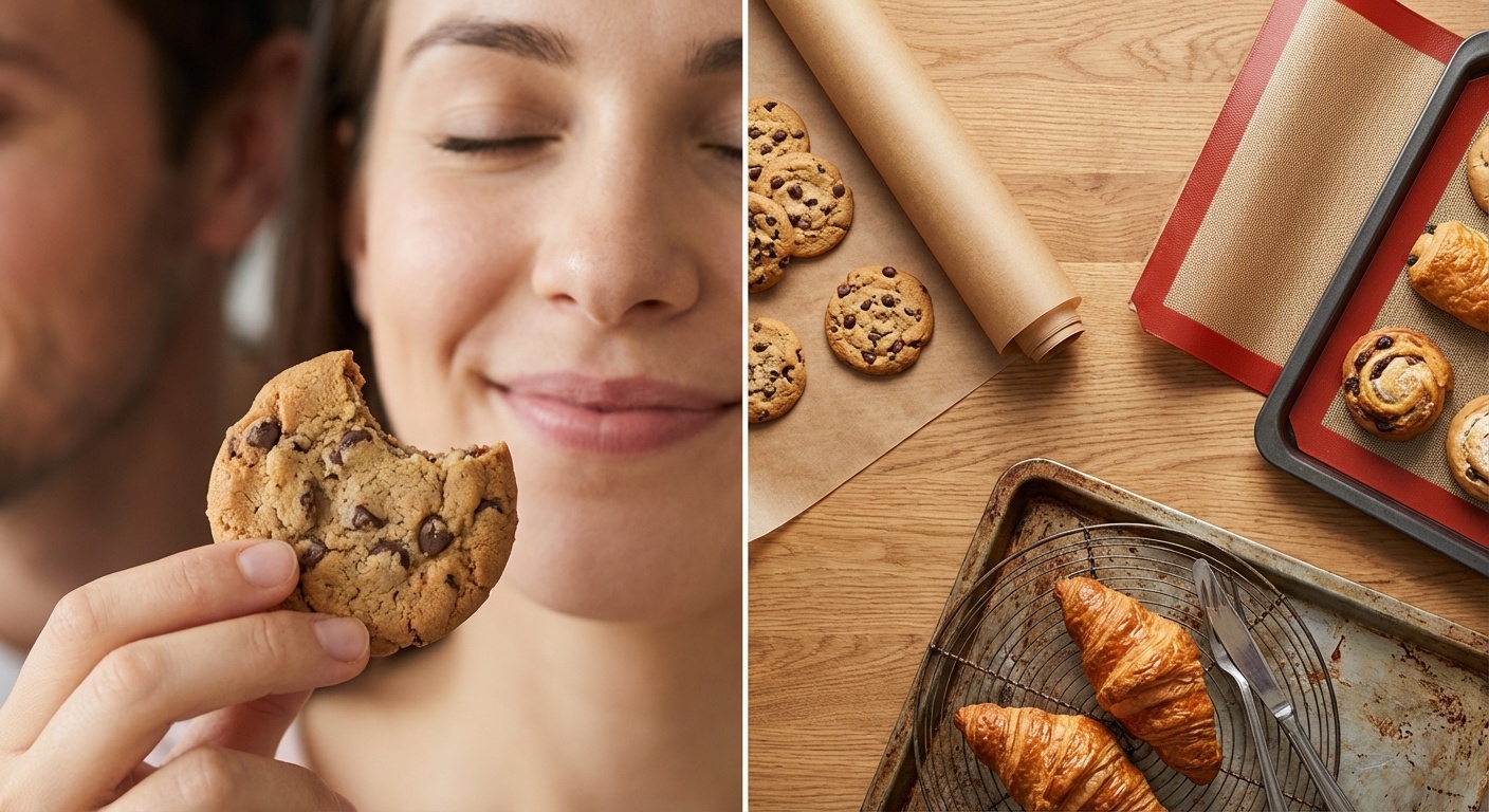 Baking sheet half lined with parchment paper and half with a silicone baking mat
