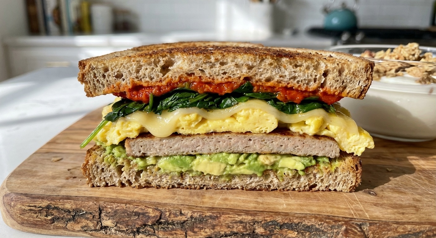 A balanced breakfast plate with eggs toast and avocado next to coffee