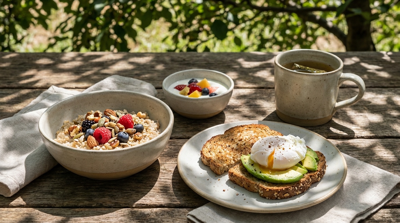 Breakfast plate with eggs, whole grain toast, and fruit
