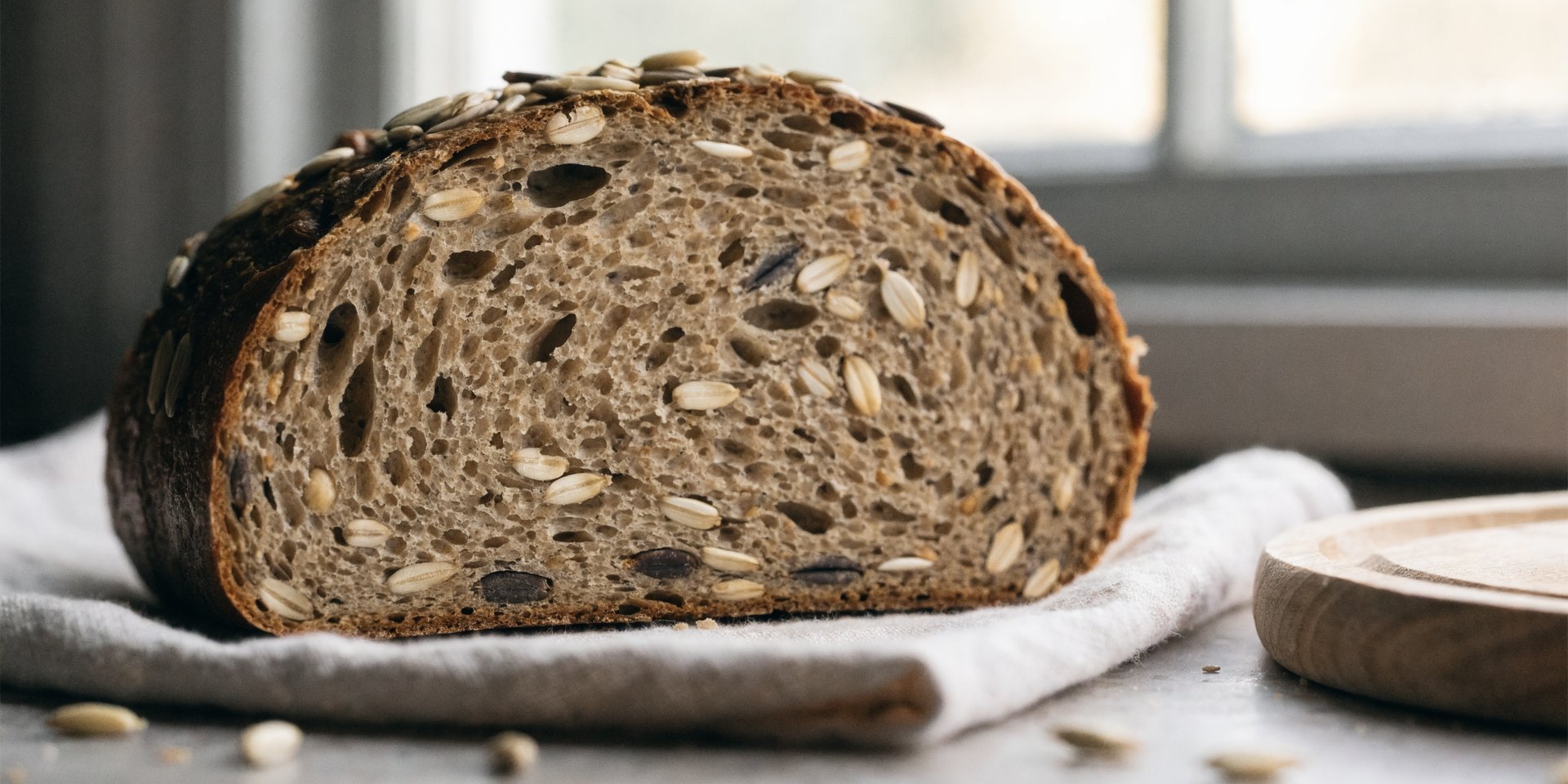 A thick, diagonal slice of sprouted grain bread rests on a linen napkin next to a small wooden cutting board, with loose grains scattered nearby.