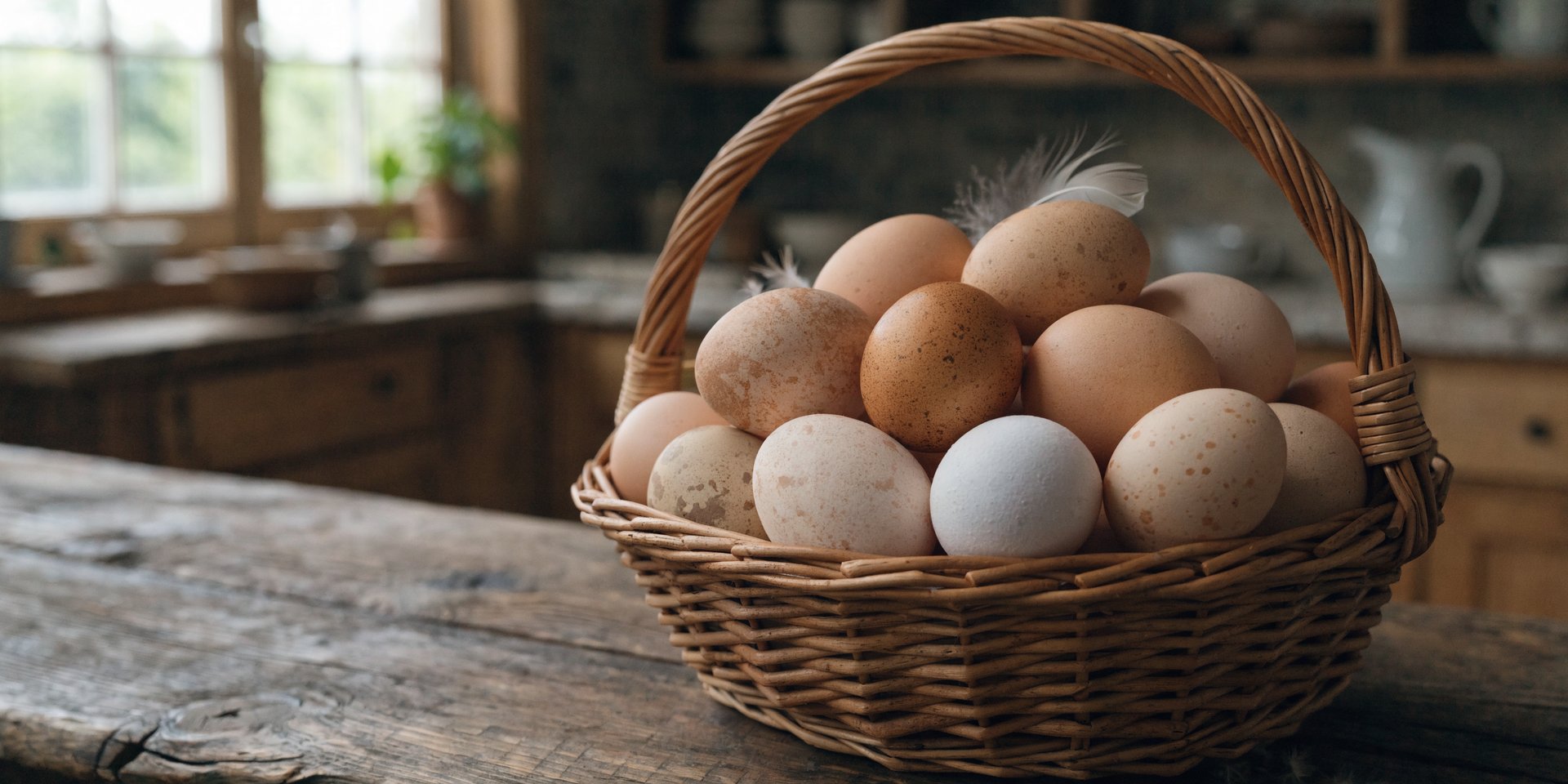 A wicker basket filled with brown and white eggs sits on a wooden table.