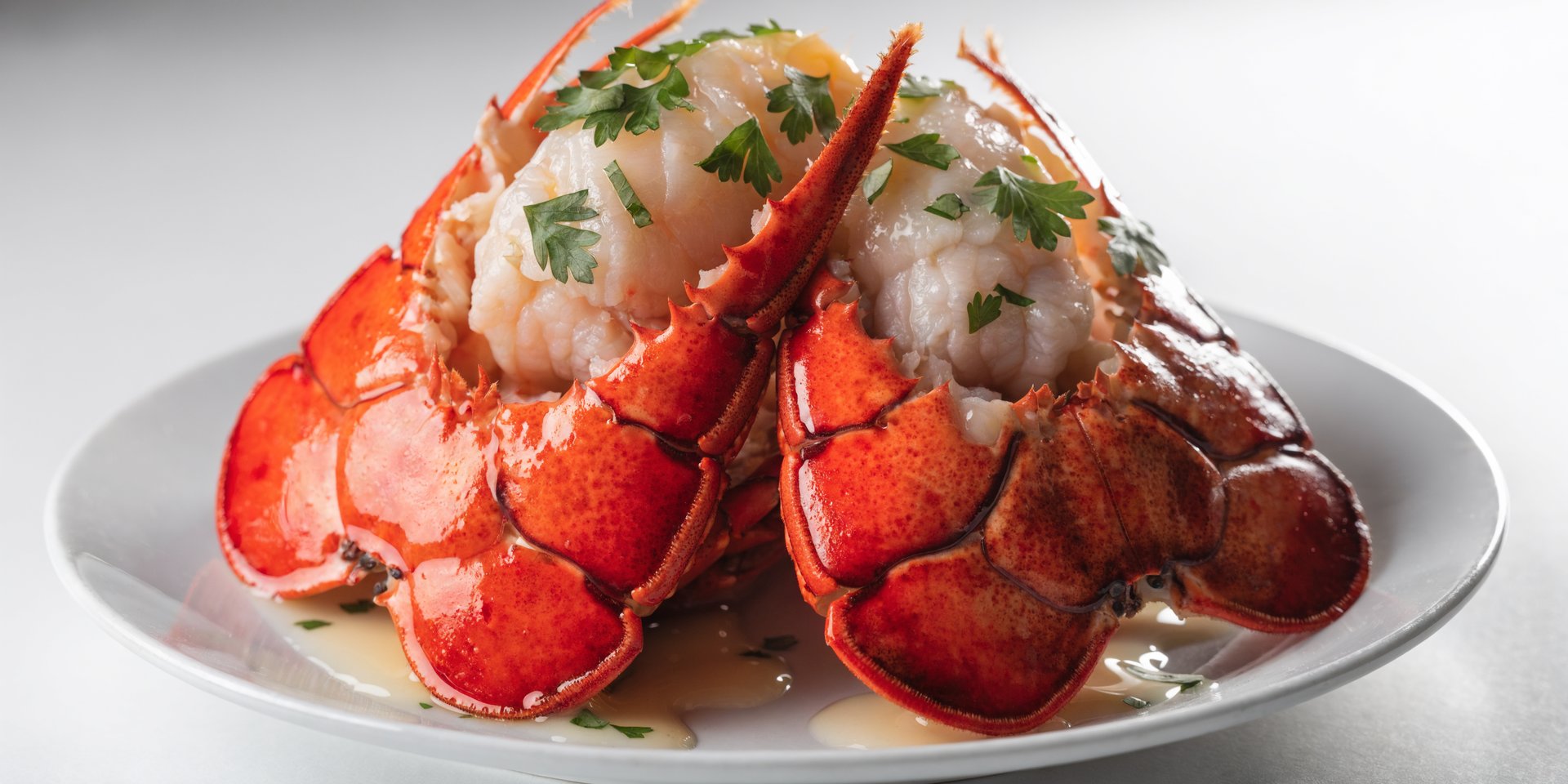 Two broiled lobster tails, butterflied and fanned out on a white plate, are garnished with parsley and glistening with butter.