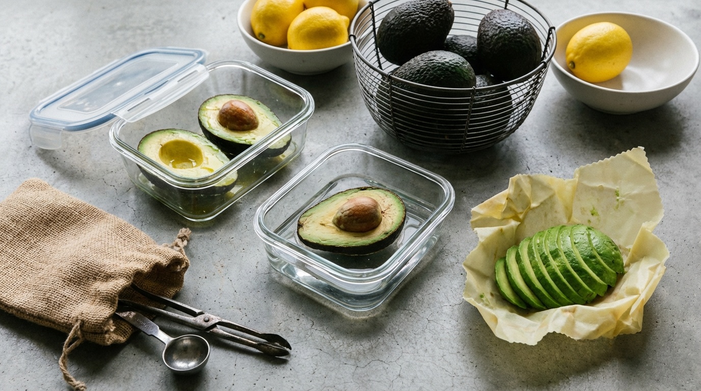 Best Way to Store Avocados to Stop Browning - a perfectly green halved avocado stored with red onions in an airtight glass container
