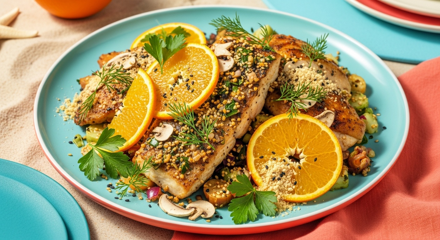 Kitchen counter with lemons herbs garlic soy sauce and spices for flavor building