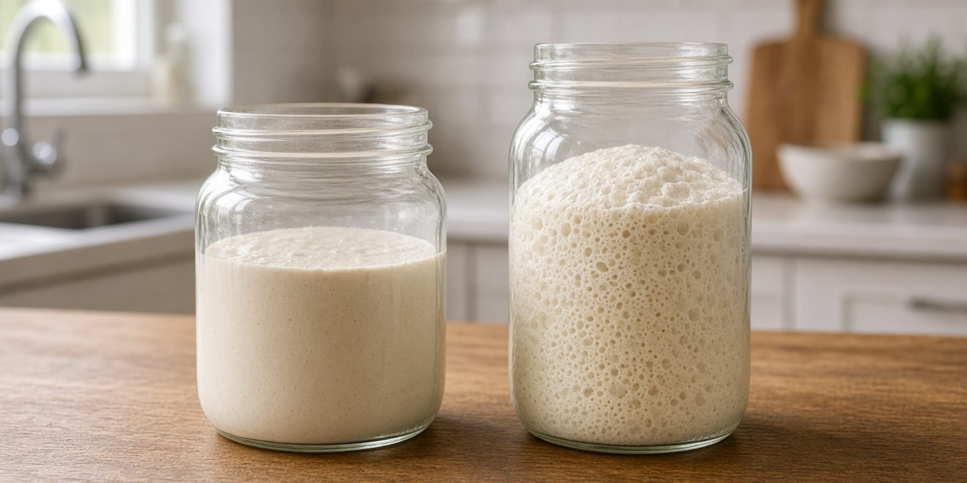 Two glass jars on a wooden counter. The left jar holds a flat, smooth flour-and-water mixture. The right jar holds a bubbly starter that has risen.