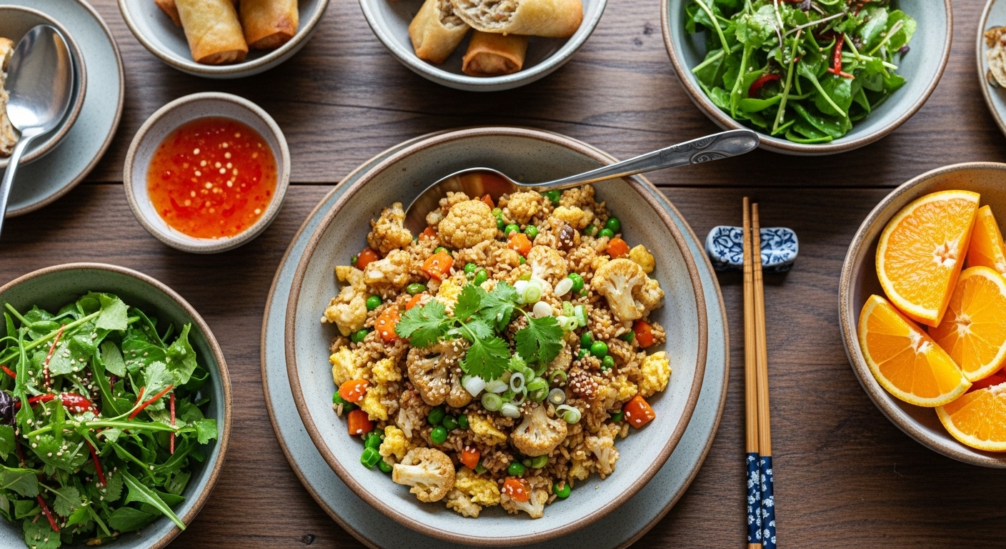 Skillet of golden cauliflower fried rice with scrambled eggs and green onions