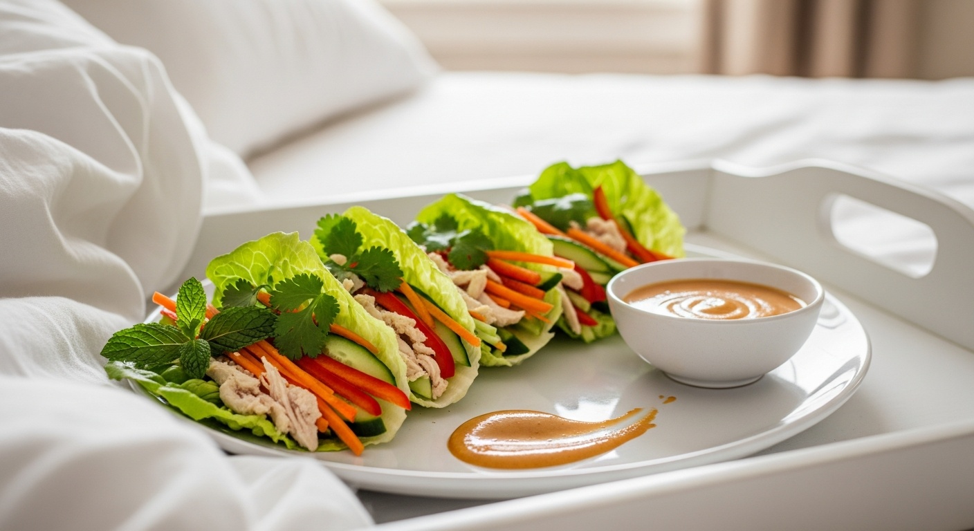 Chicken and veggie lettuce wraps drizzled with peanut sauce on a platter