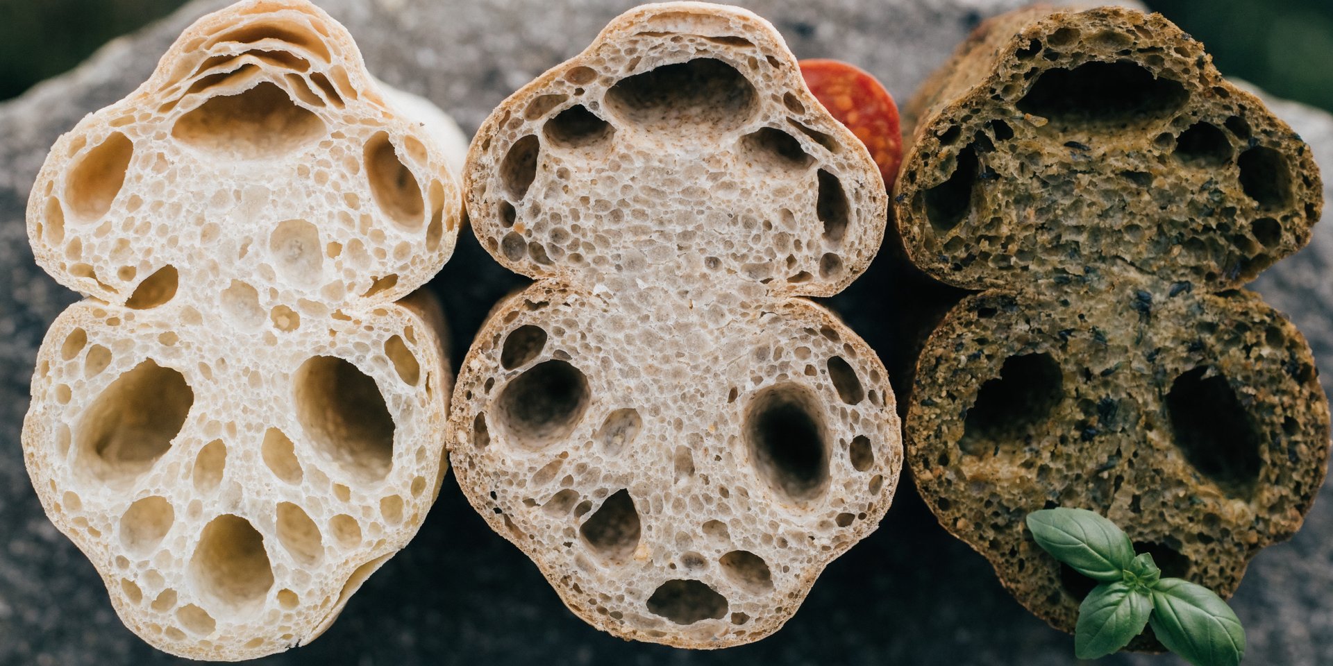 Three distinct pizza crust cross-sections are shown from above, revealing their varied textures and compositions.