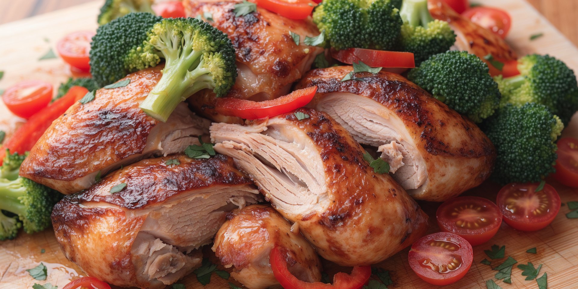 Pulled rotisserie chicken and fresh vegetables are arranged on a light wooden cutting board.