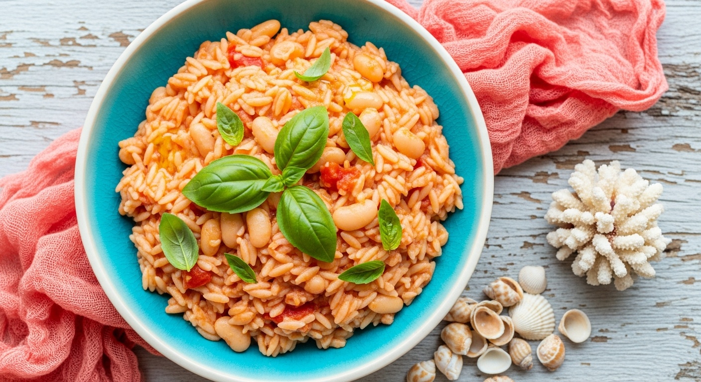 Creamy tomato orzo with white beans in a large skillet