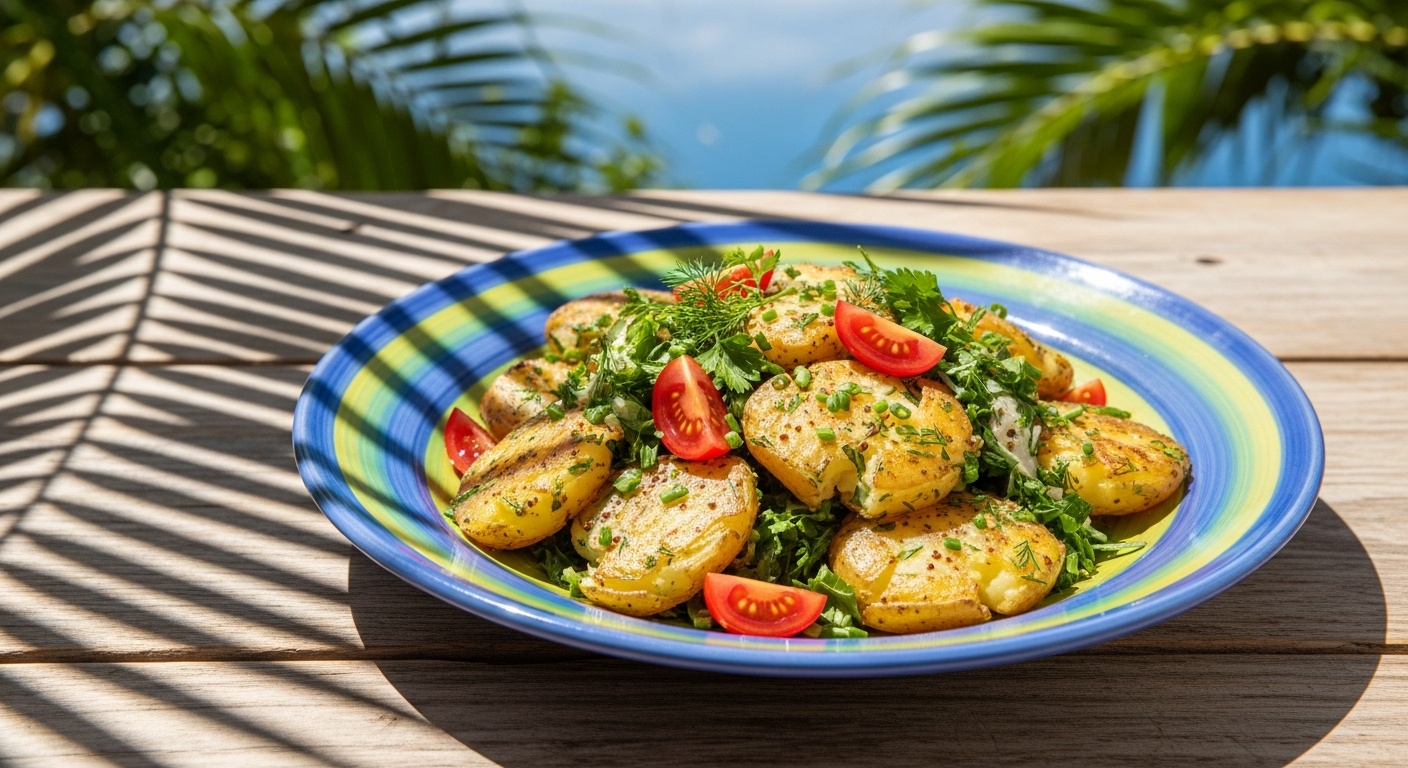 Crispy smashed potatoes tossed in a bowl with fresh herbs and mustard dressing
