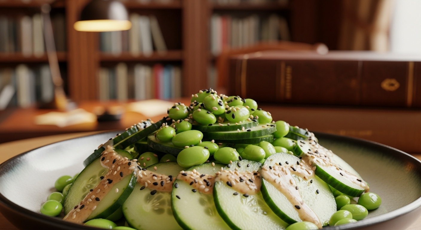 Fresh cucumber and edamame salad tossed with sesame dressing in a wooden bowl