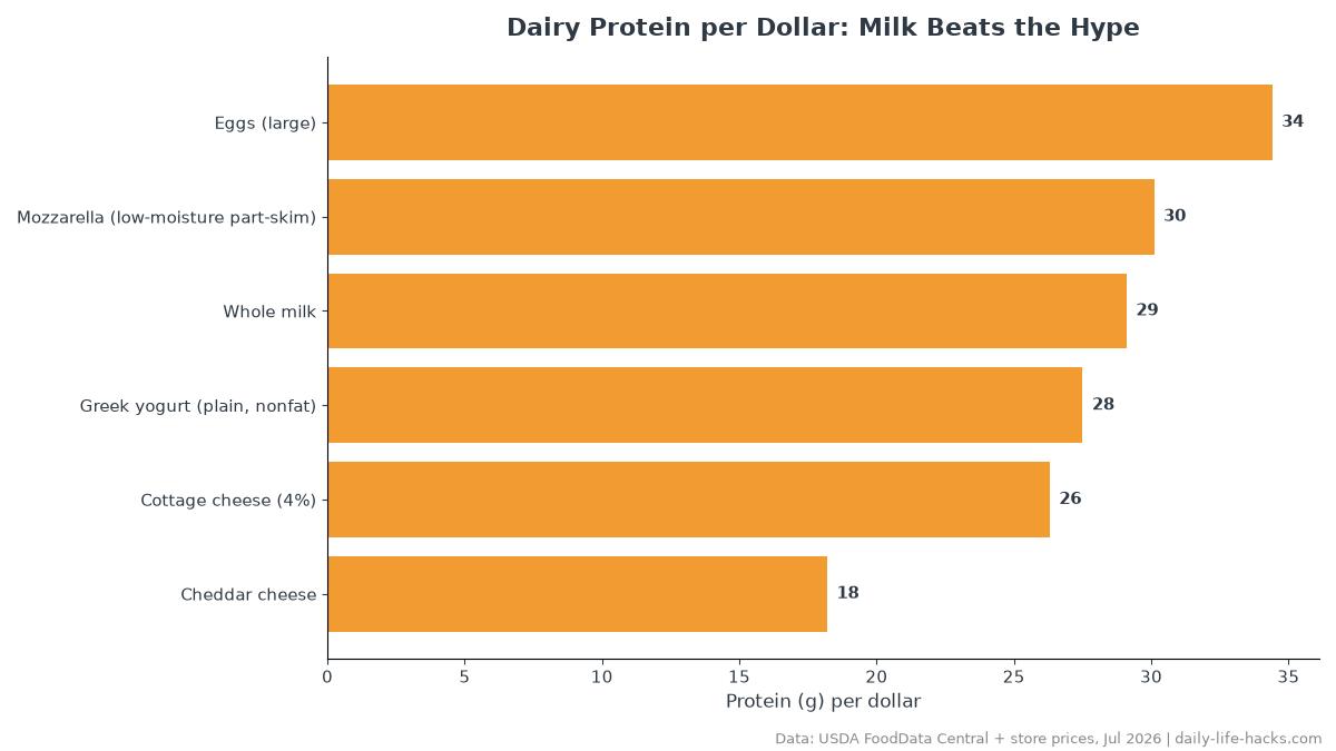Horizontal bar chart ranking 6 egg and dairy staples by grams of protein per dollar, with large eggs first at 34.4 grams and cheddar cheese last at 18.2