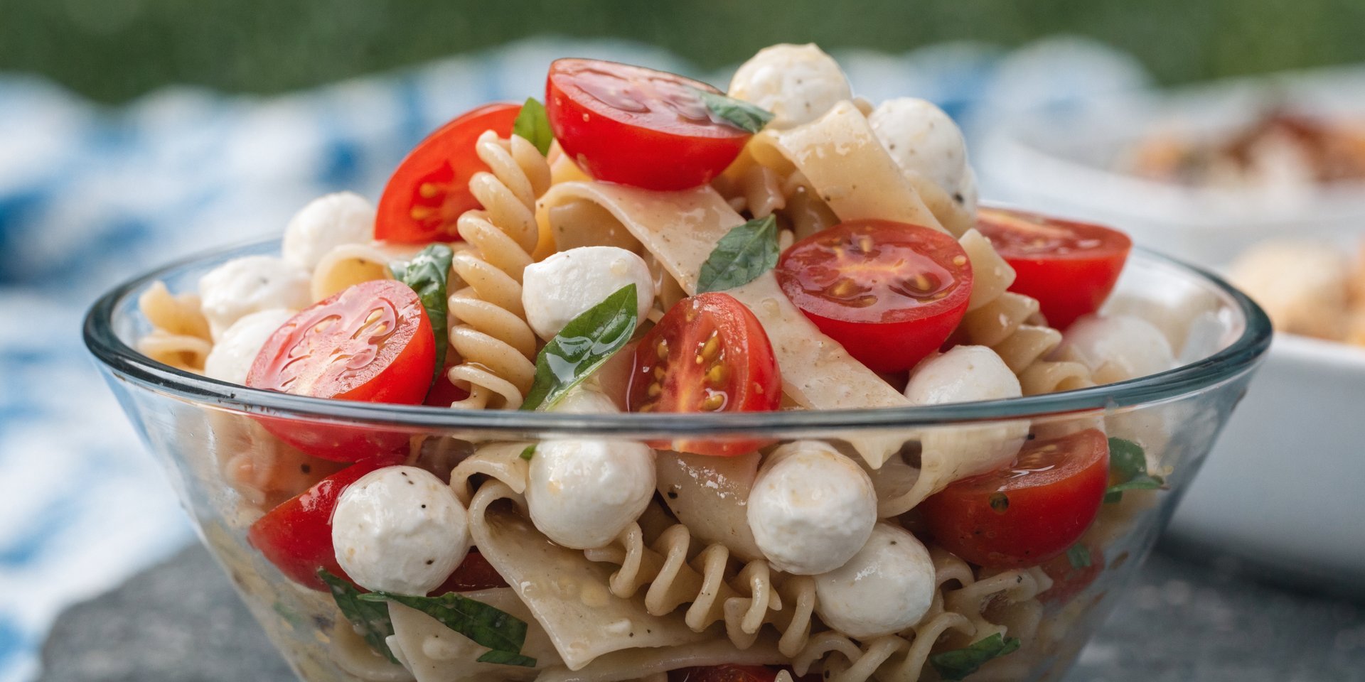 A close-up of a cold pasta salad, with bowtie pasta, cherry tomatoes, mozzarella balls, and green herbs in a serving bowl.