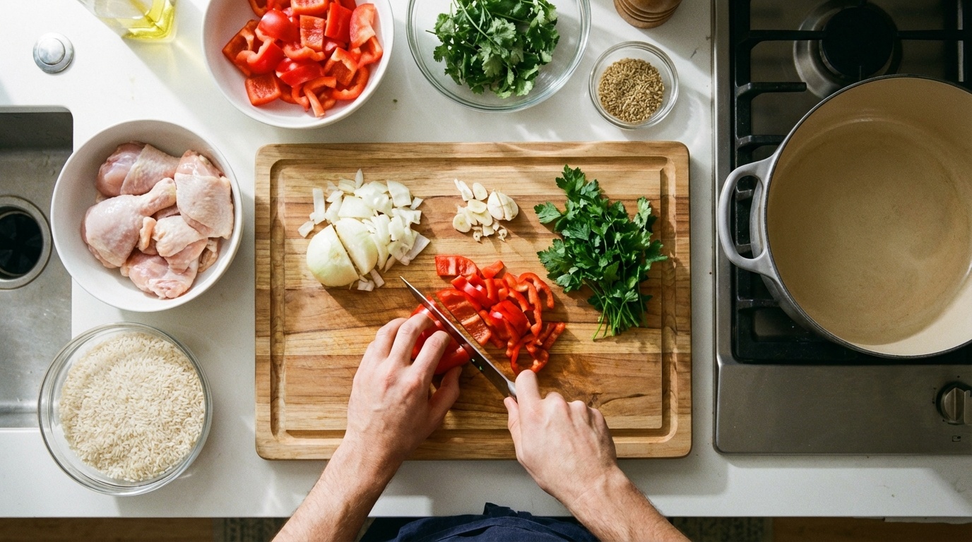 One-pot chicken and rice in a large pot, ready to serve