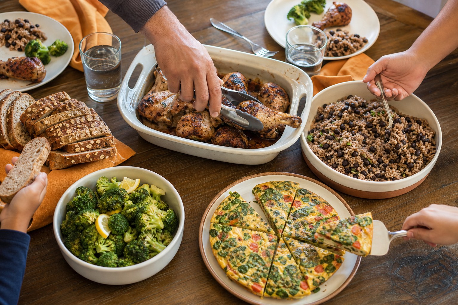 Family-style dinner table with roasted chicken drumsticks, beans and brown rice, a vegetable frittata, broccoli, and whole grain bread