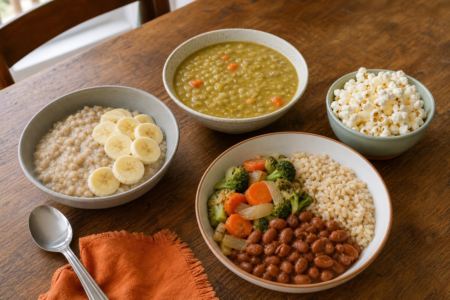 Four inexpensive high-fiber meals: oatmeal with banana, split pea soup, popcorn, and a pinto bean bowl with brown rice and vegetables