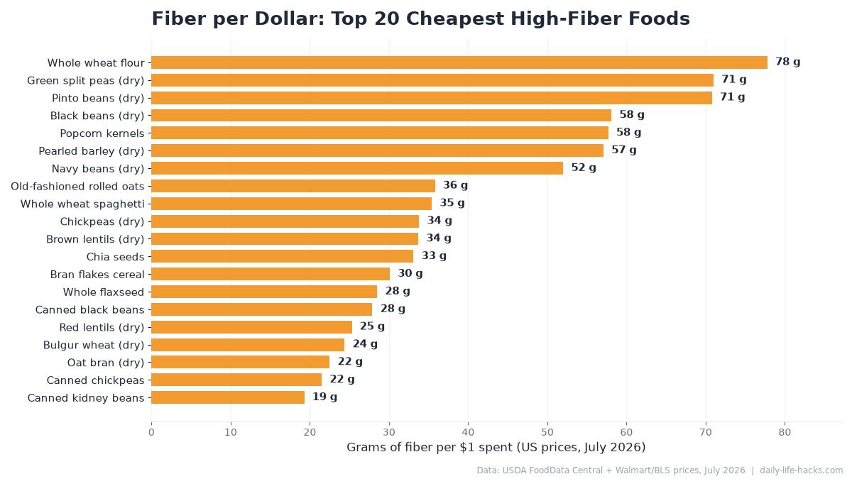 Horizontal bar chart ranking the top 20 cheapest high-fiber foods by grams of fiber per dollar