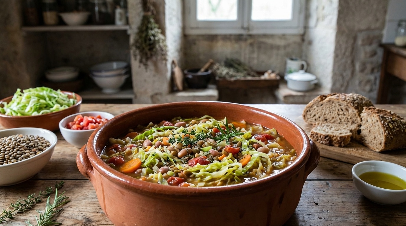 Fiber Rich Soup for Weight Loss Cabbage - hearty soup in rustic pot with cabbage for natural nutrition