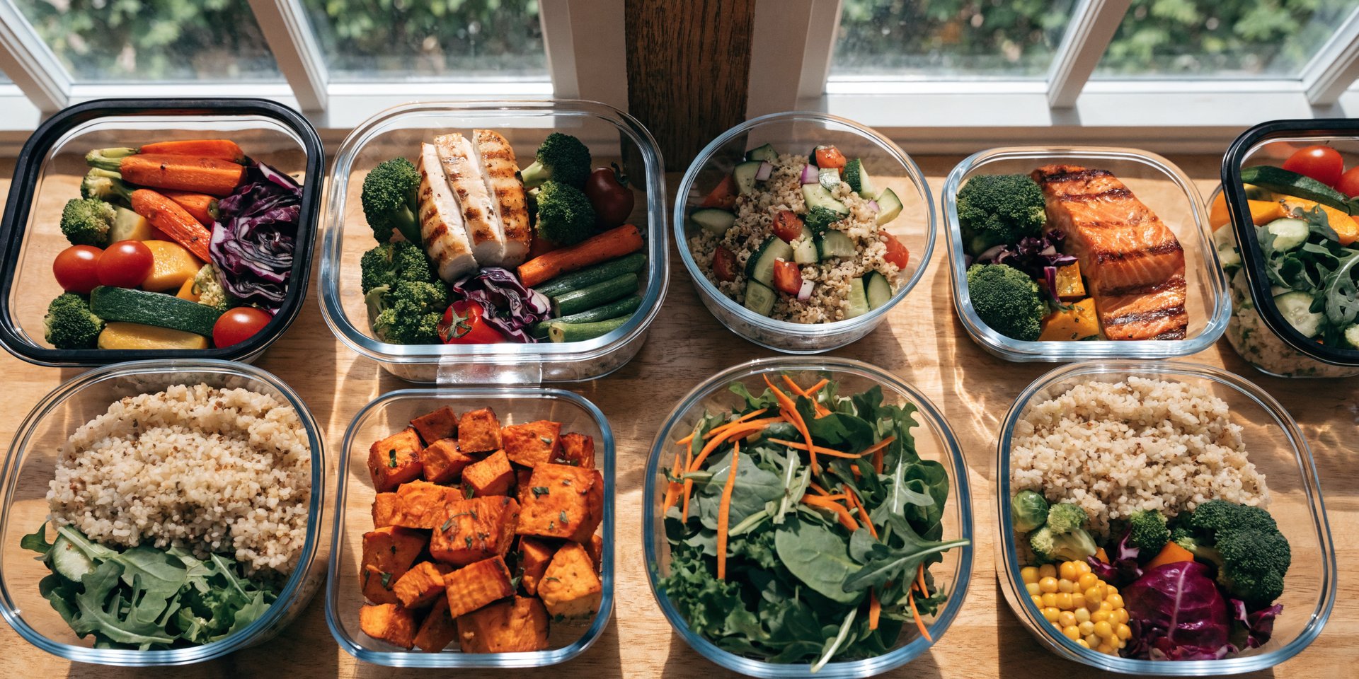 An overhead view of several glass meal prep containers filled with colorful, healthy components like roasted vegetables, grains, and protein, neatly arranged on a light wooden table.