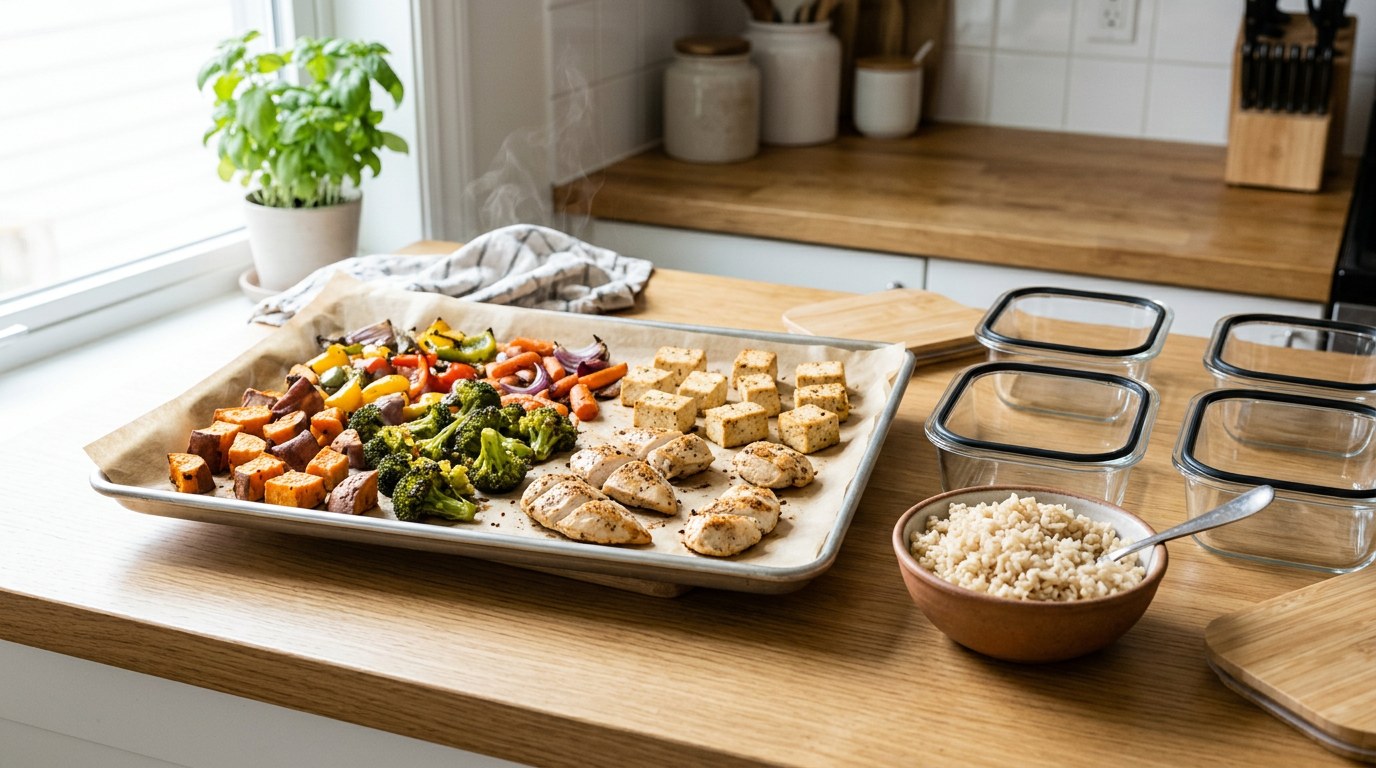 Cooked meal prep components cooling on a sheet pan beside open glass storage containers.