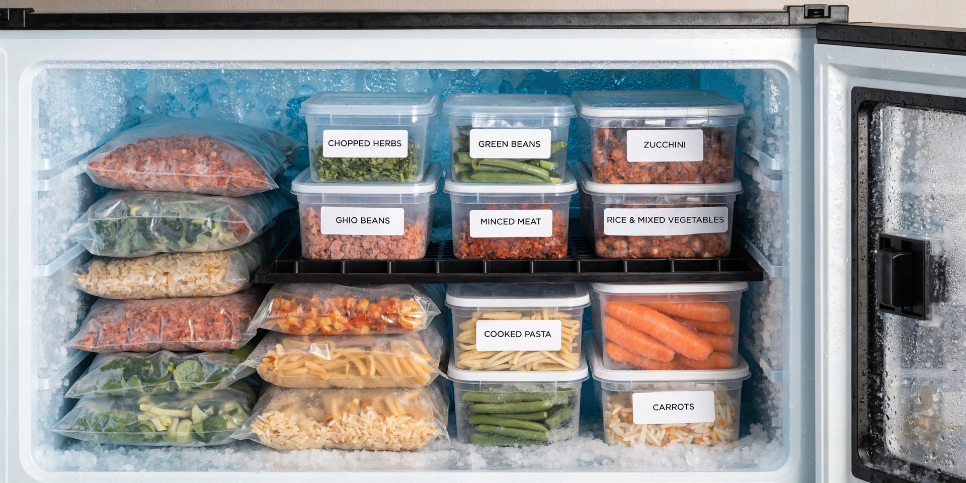 A neatly organized open chest freezer filled with labeled food containers and vacuum-sealed meal prep bags.