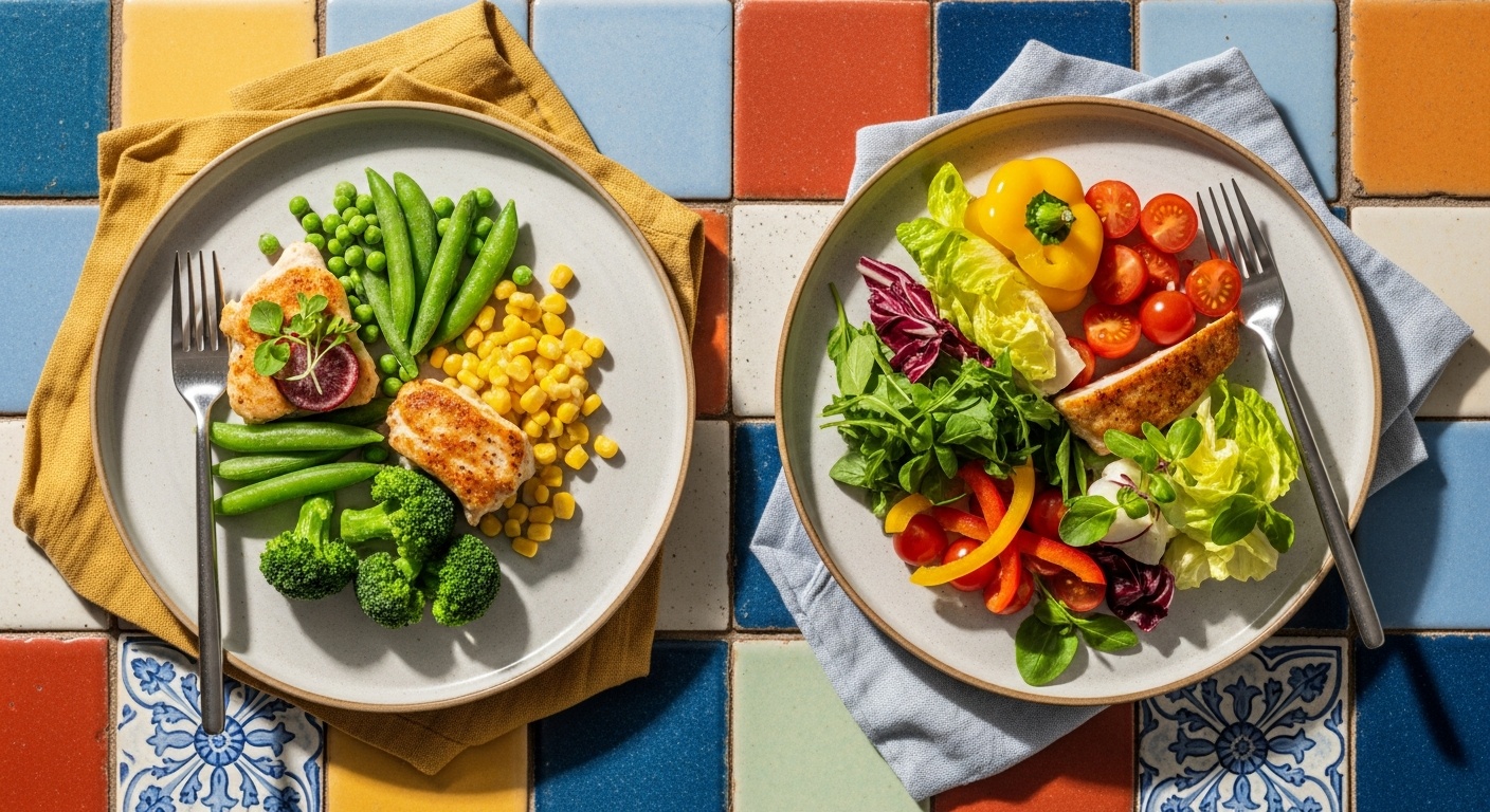 Split image of fresh vegetables on one side and frozen vegetables in bags on the other