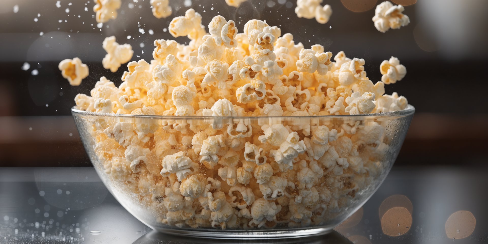 A large white bowl overflows with fluffy, air-popped popcorn, with some kernels suspended in mid-air.