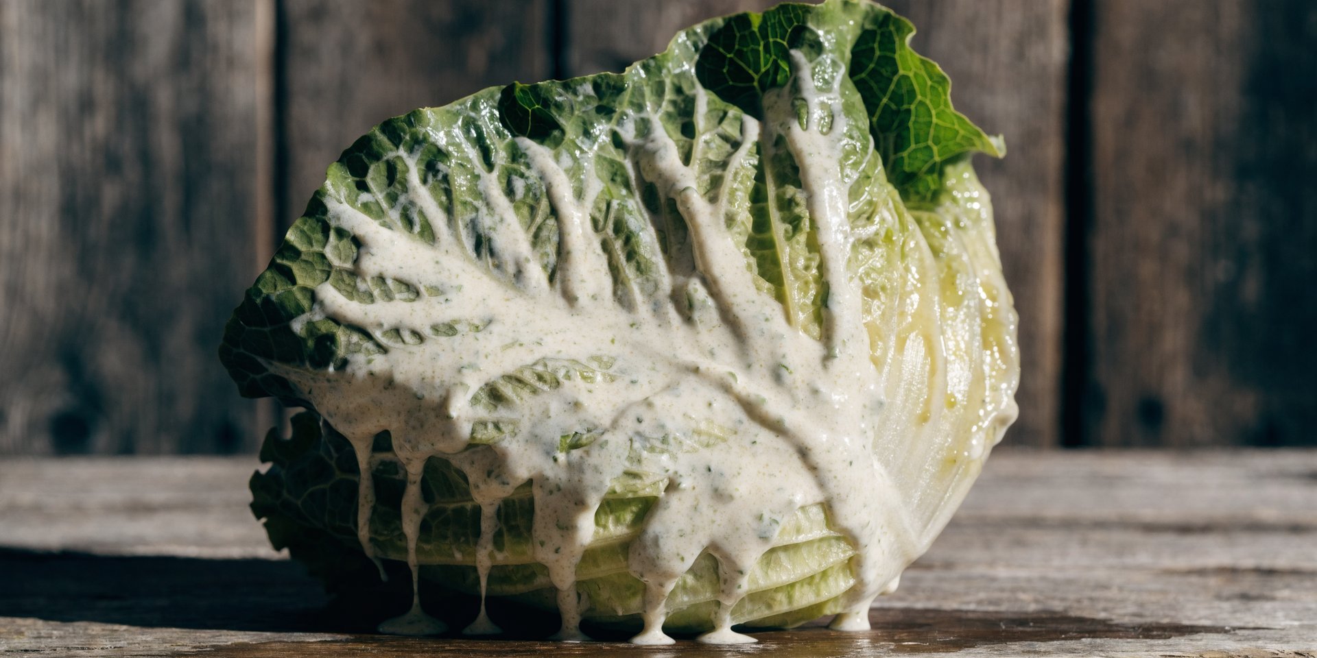 A single romaine lettuce leaf coated in creamy vegan Caesar dressing rests on a wooden surface.