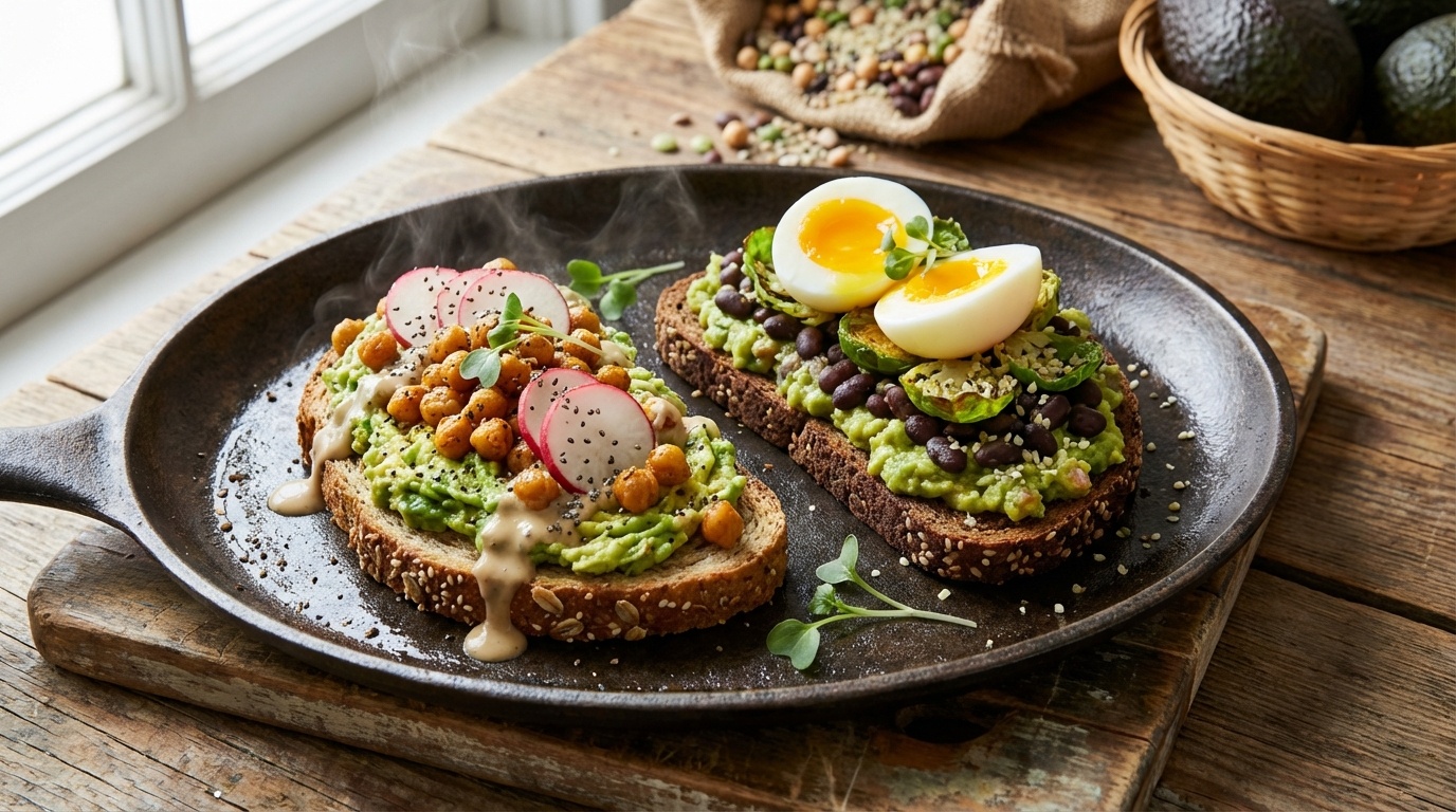 Avocado toast on whole grain bread with seeds and tomatoes