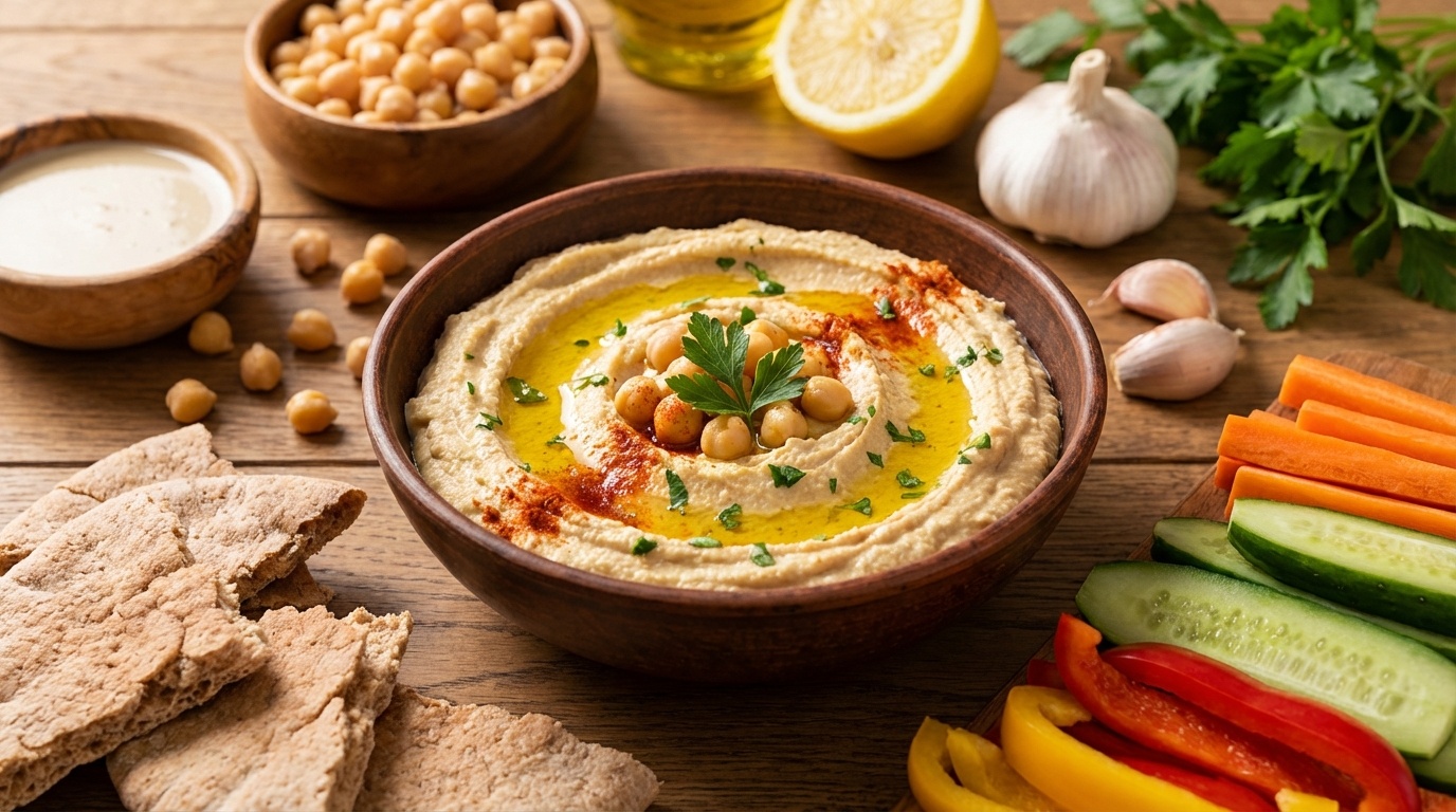 High Fiber Hummus Recipe Homemade - professionally plated meal with fresh vegetables, chickpeas for healthy snacking