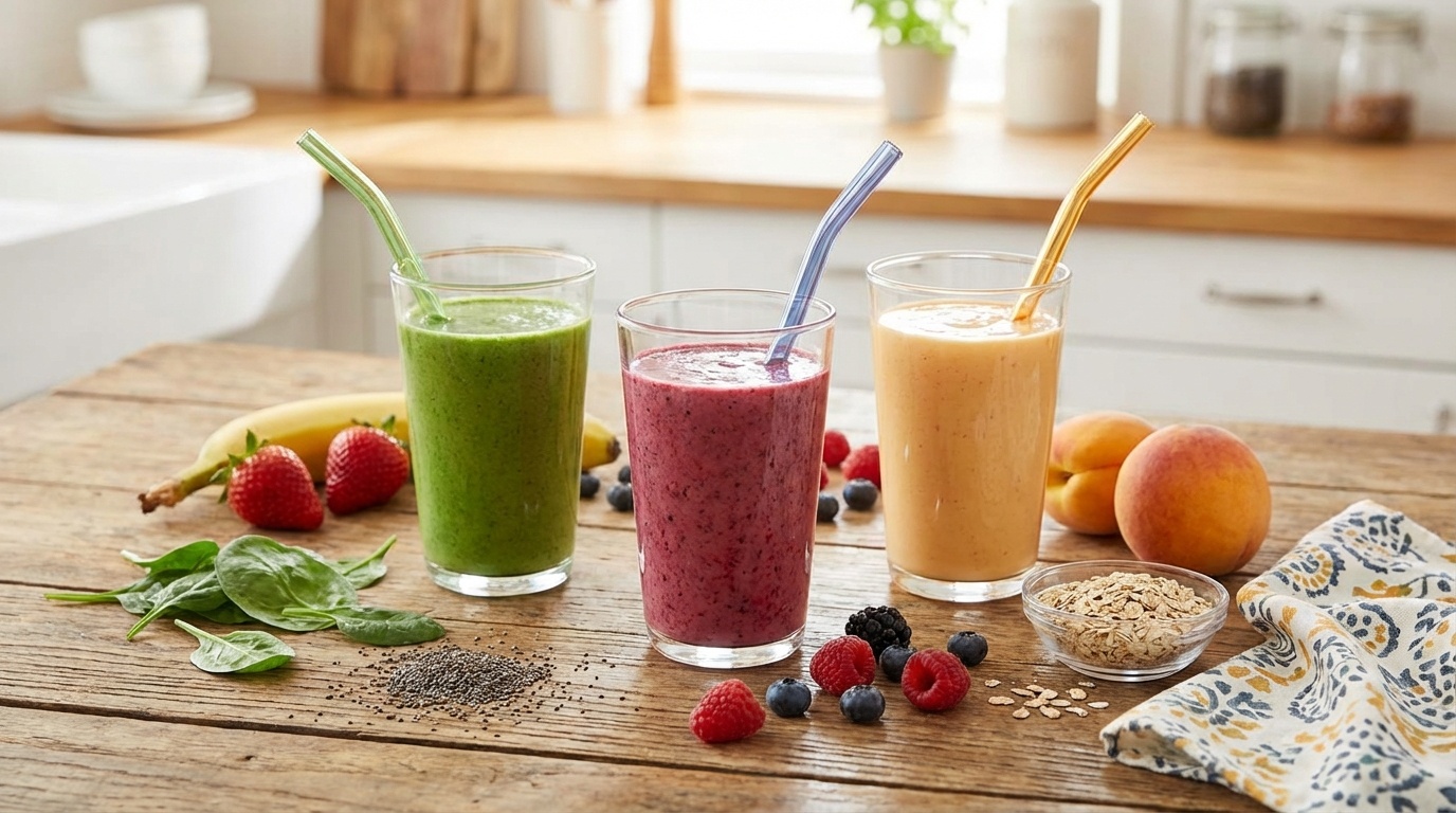 High Fiber Smoothies for Kids Picky Eaters - colorful smoothie with berries and greens with spinach, fresh vegetables for natural nutrition