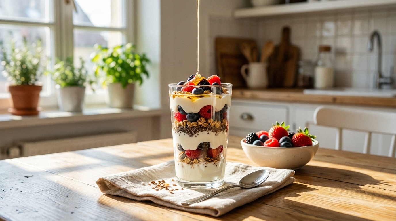 High Fiber Yogurt Parfait for Breakfast - fresh meal in glass containers with berries, yogurt for a healthy morning