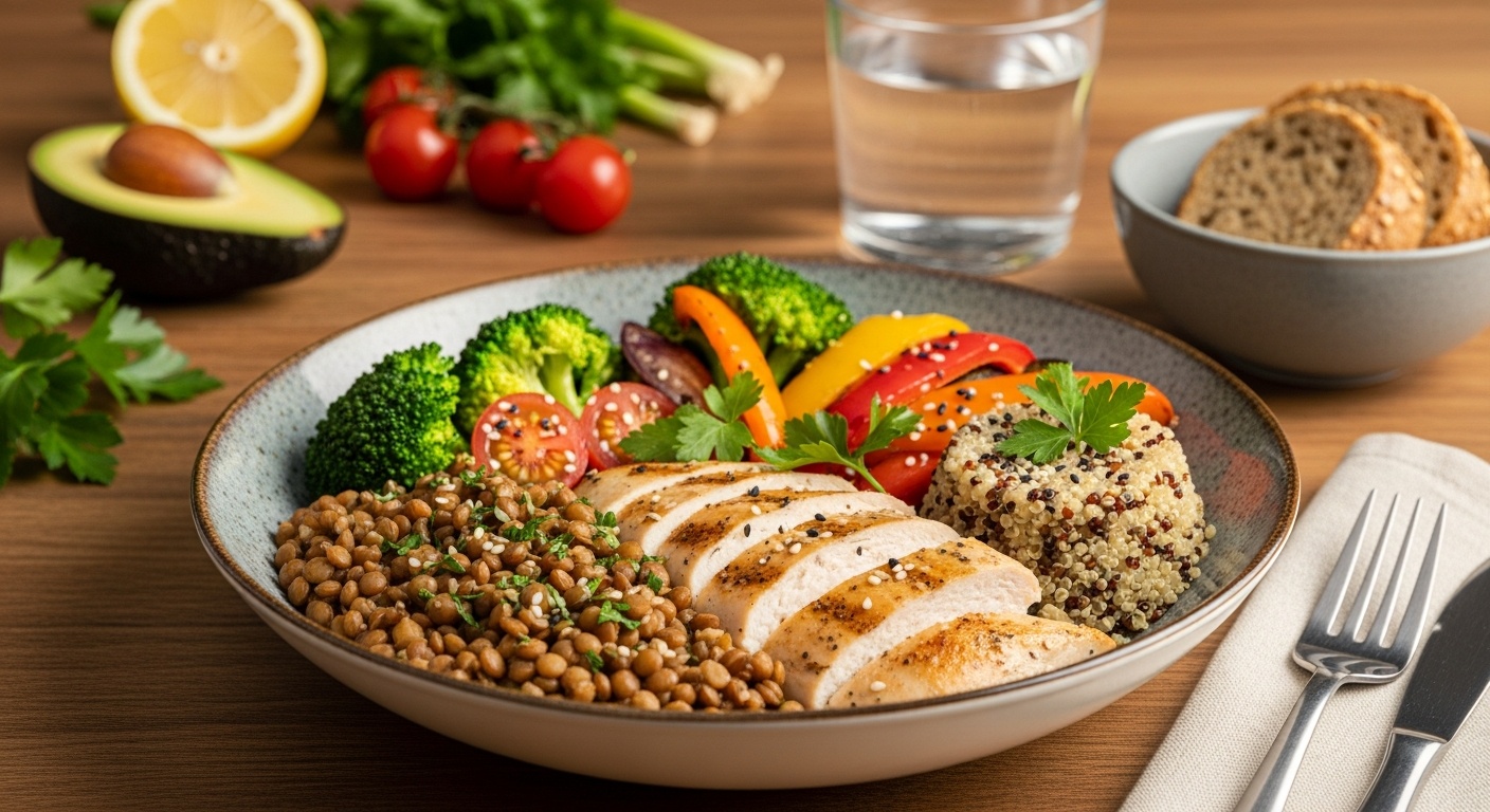 High Protein High Fiber Meals for Weight Loss - a hearty bowl of lentil stew with a side of grilled chicken