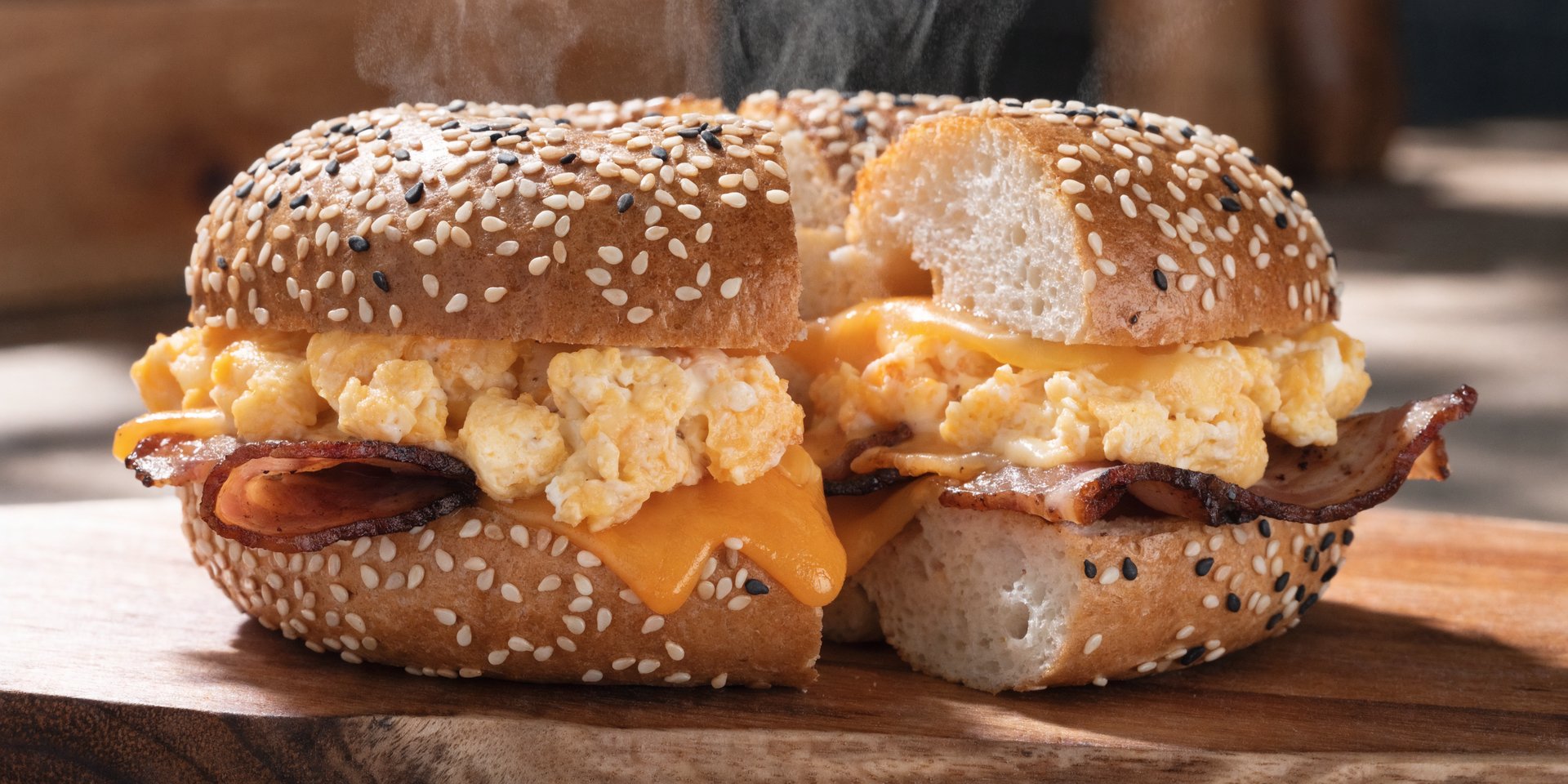 A sliced bagel sandwich filled with scrambled eggs, turkey bacon, and melted cheese, with steam rising from the filling.