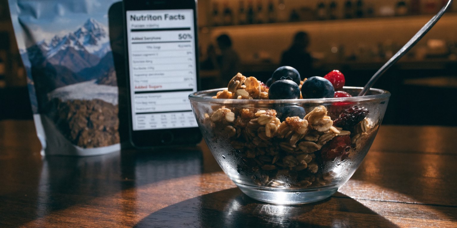 Bowl of simple granola with oats nuts and seeds next to a nutrition label