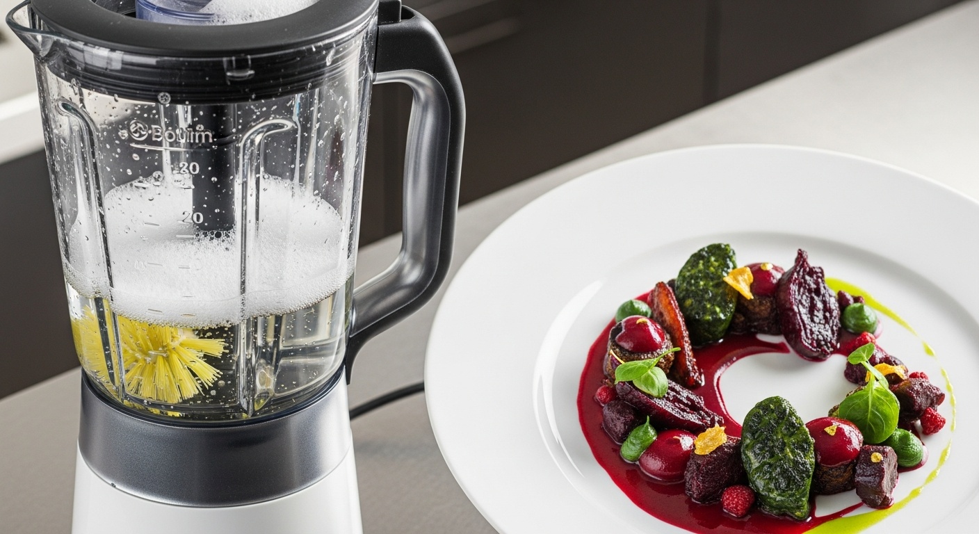A clean blender pitcher sitting next to a sponge and dish soap on a kitchen counter