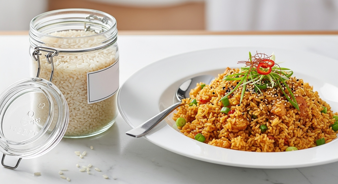 Cooked white rice spread thinly on a baking sheet to cool
