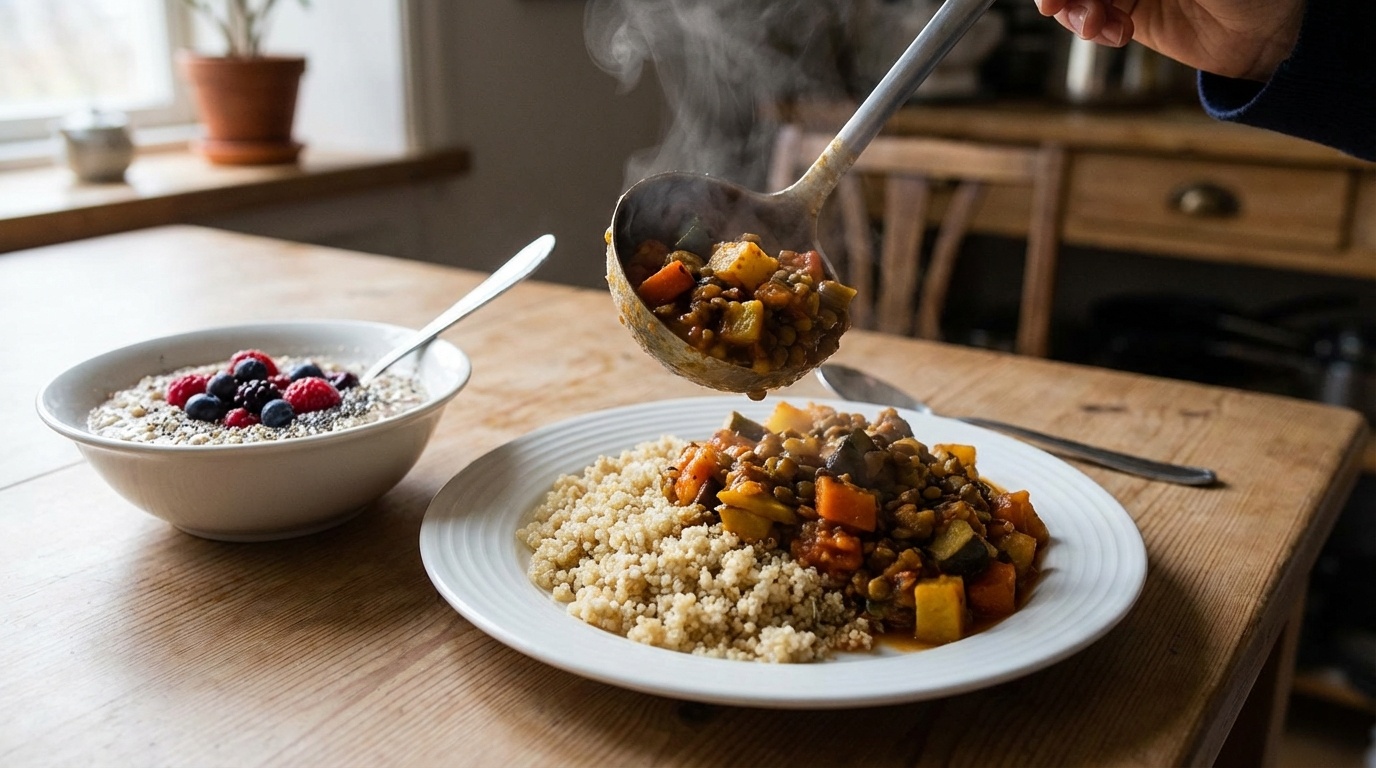 Bowl of oats with fruit and nuts on a kitchen counter