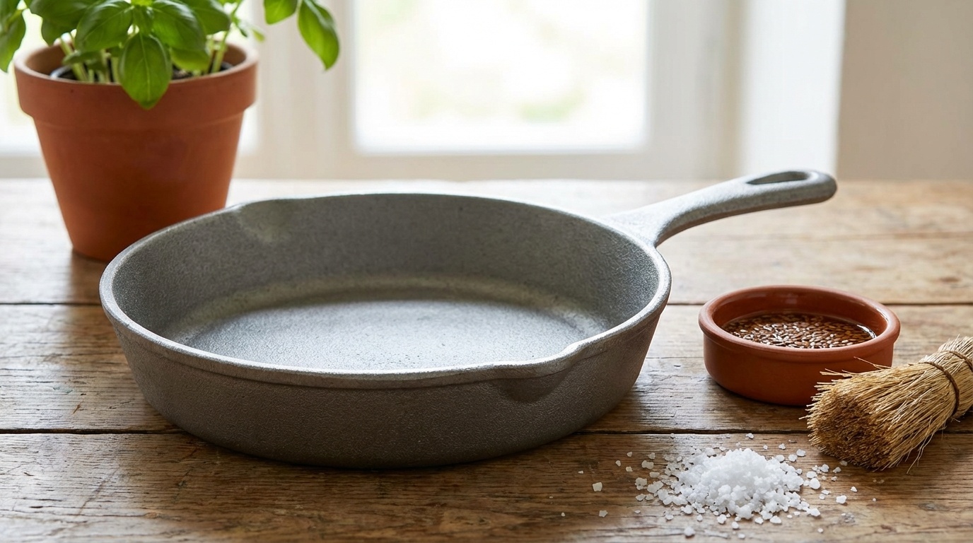 Cast iron skillet with a dark, seasoned surface