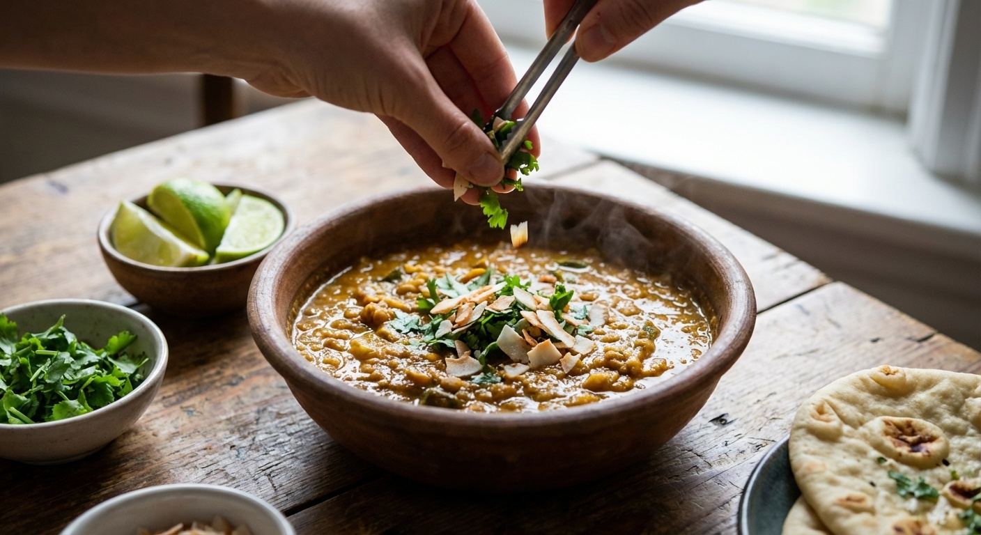A bowl of creamy coconut lentil curry served with fresh cilantro and naan bread