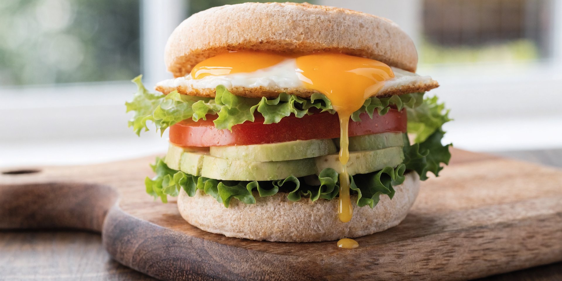 A healthy egg sandwich with lettuce, tomato, avocado, and a fried egg on a whole-wheat English muffin, slightly deconstructed.