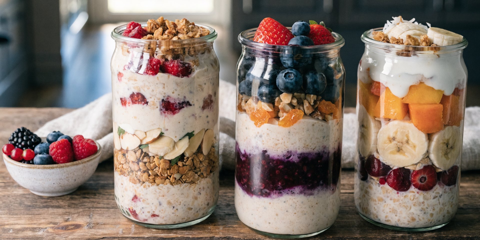 Three glass jars of layered overnight oats with fruit and nuts are arranged on a wooden surface next to berries.