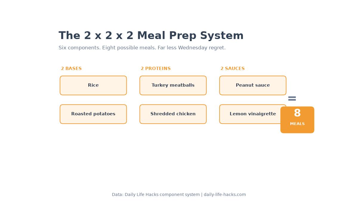 The two bases, two proteins, and two sauces meal prep system creates eight possible meal combinations