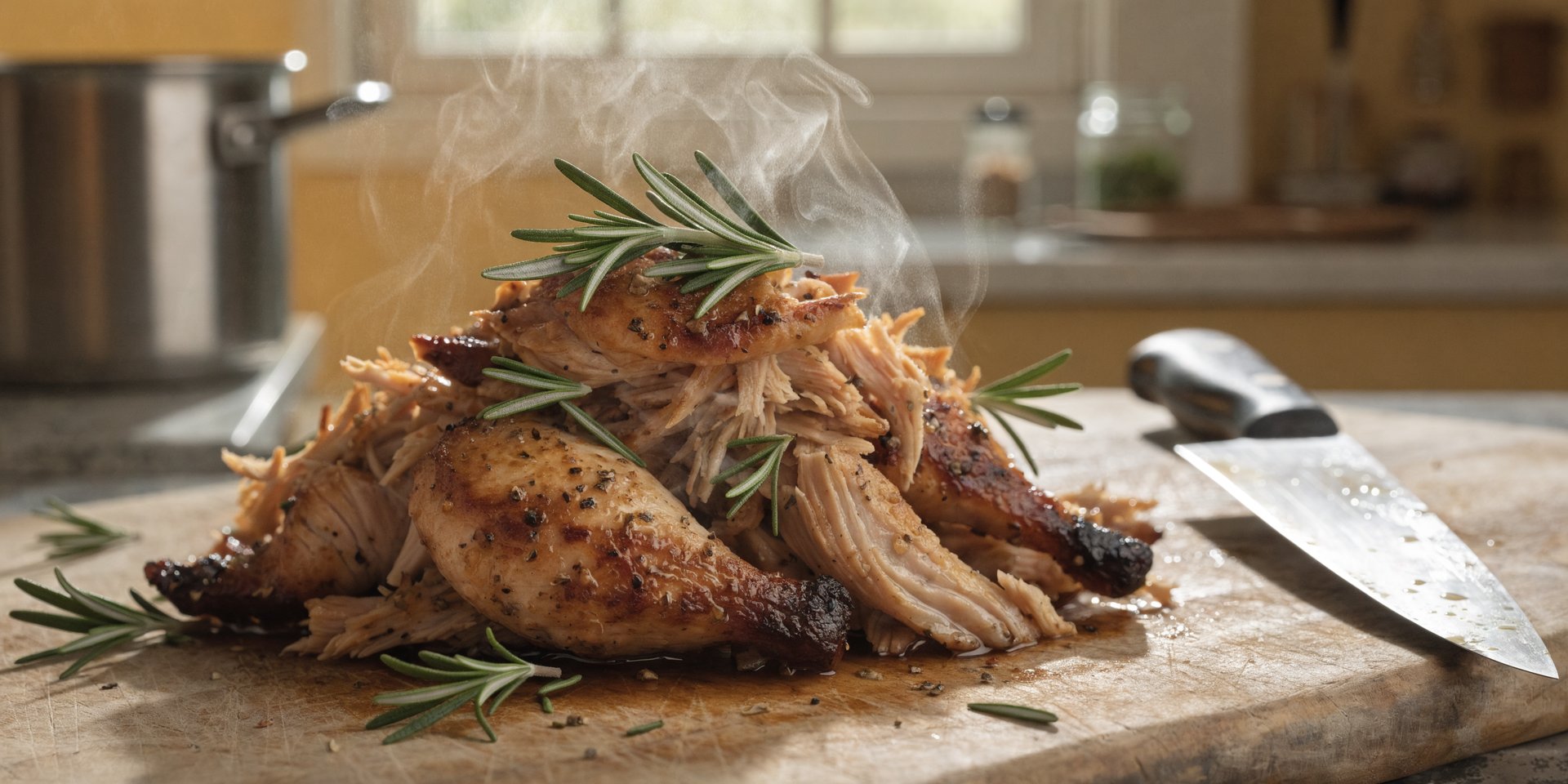 Shredded warm rotisserie chicken is piled on a wooden cutting board with a chef's knife and rosemary sprigs.