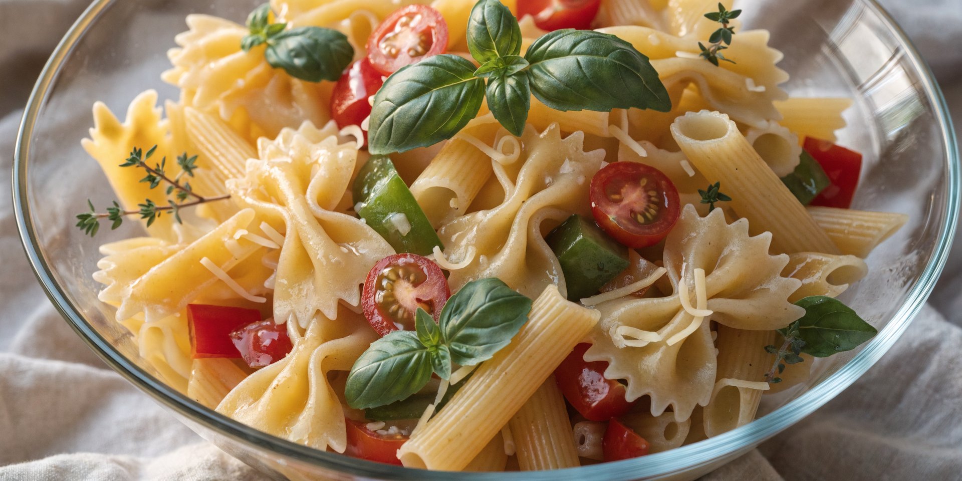 A close-up of a colorful pasta salad in a clear glass bowl, featuring tri-color pasta, cherry tomatoes, bell peppers, and fresh herbs.