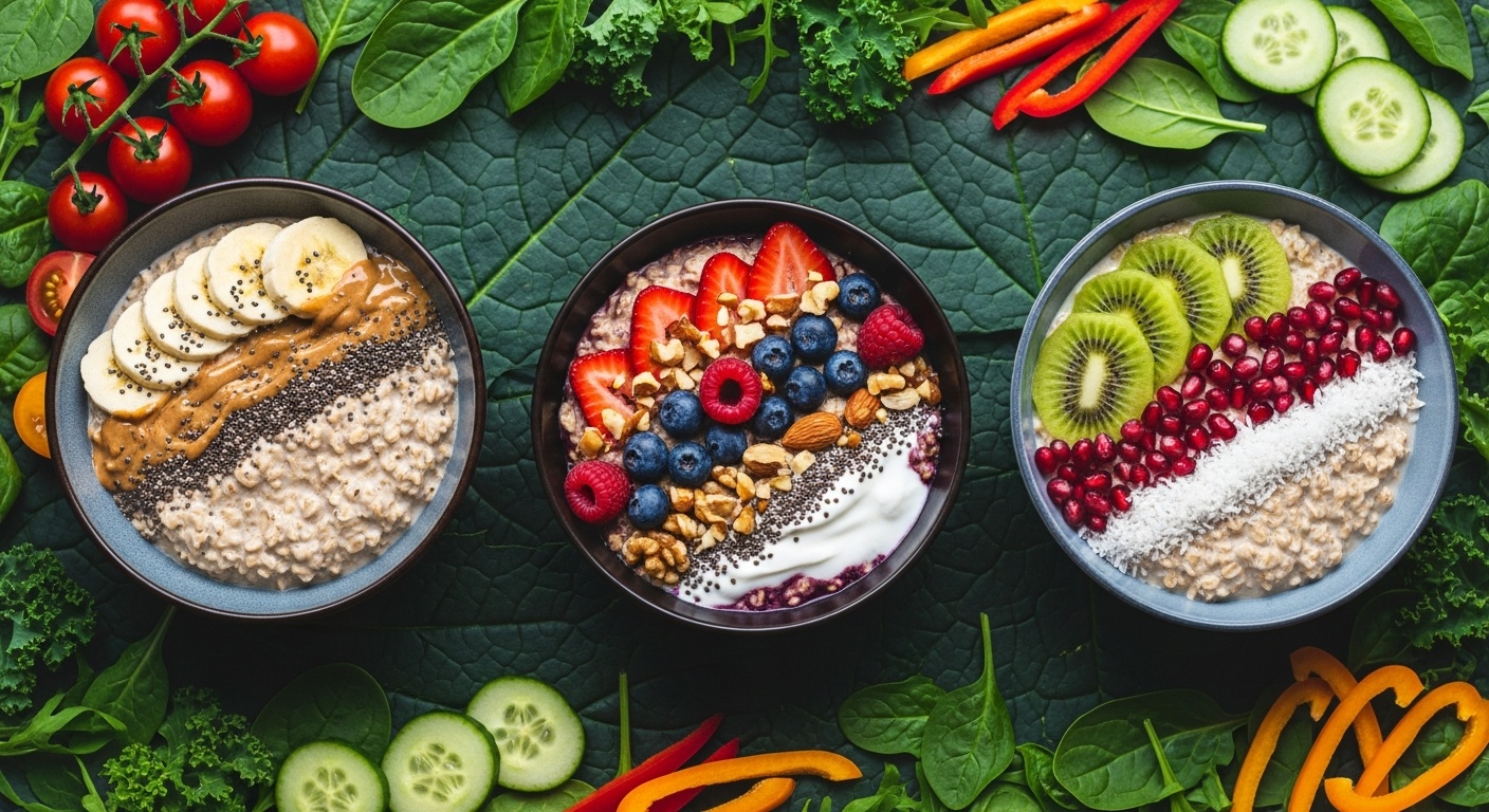 Three glass jars of overnight oats with different toppings on a kitchen counter
