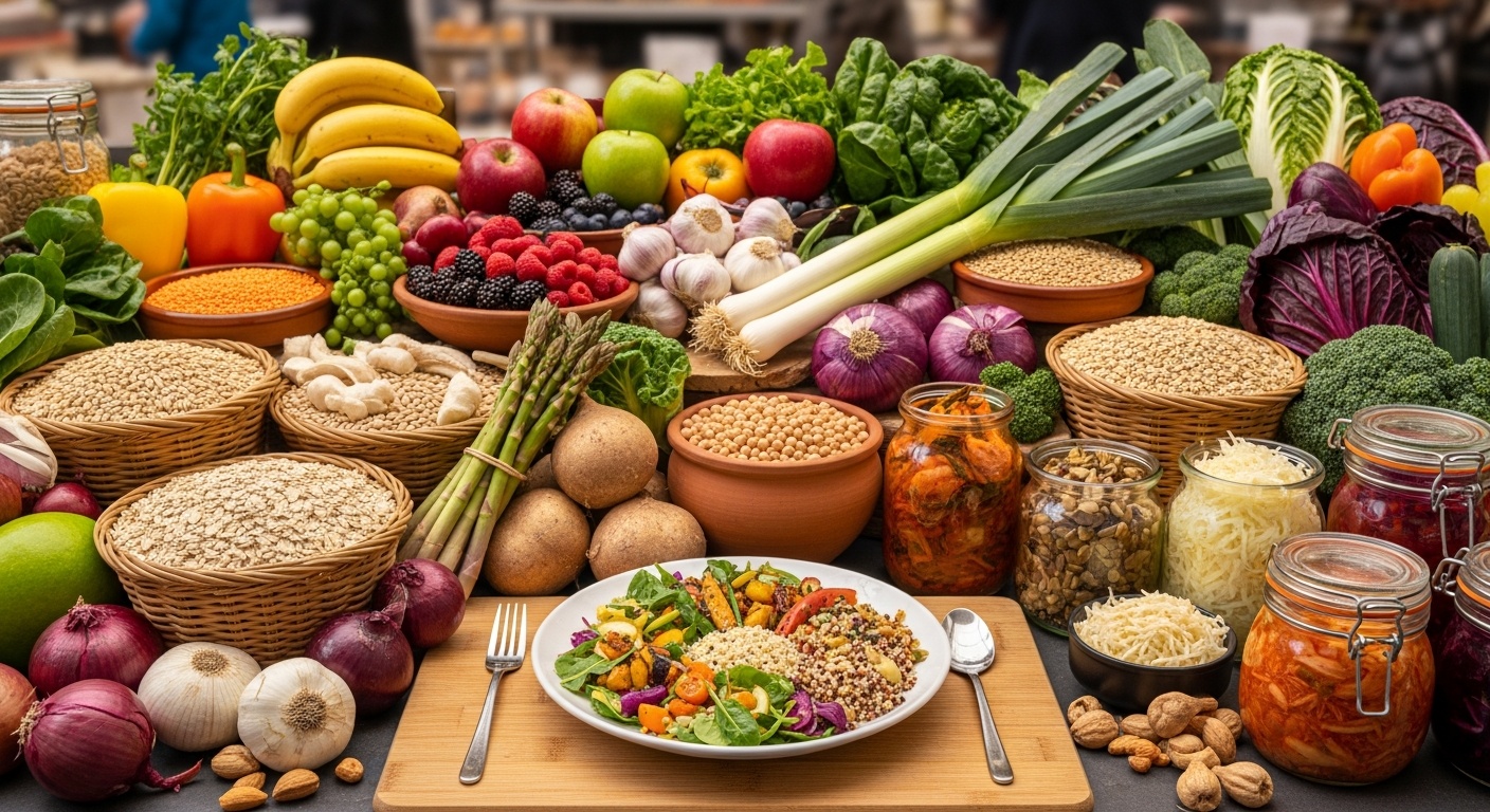 A selection of prebiotic whole foods including garlic onions and bananas on a counter